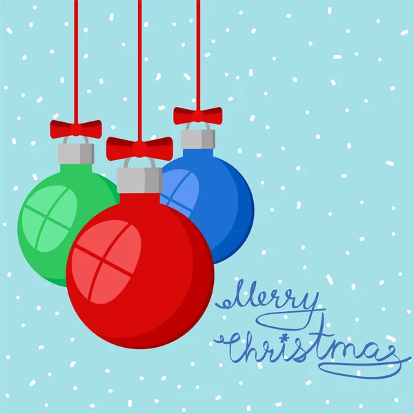 Veselé Vánoční Přání Zasněžené Pozadí Červené Zelené Modré Dekorativní Koule — Stockový vektor
