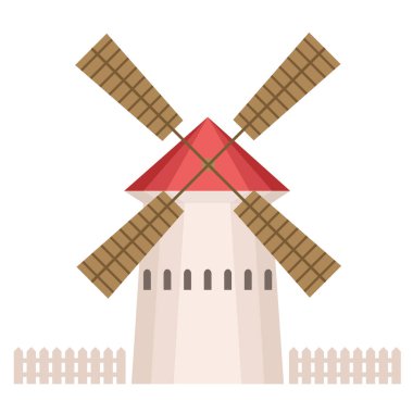 Geleneksel kırsal rüzgar türbini bina, ekolojik tarım üretim, tasarım öğesi kentsel veya kırsal manzara vektör çizim