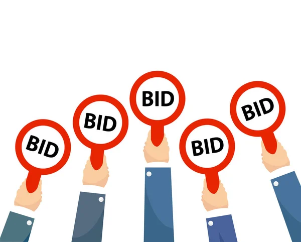 Businessman buyers hands raising auction bid paddles with number — Stock Vector