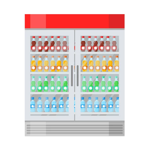 Big fridge with different bottles of juice, water and drinks in — Stock Vector