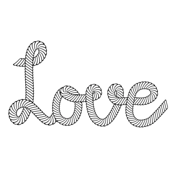 Belettering liefdes woord met touw als romantisch symbool op wit, Sto — Stockvector
