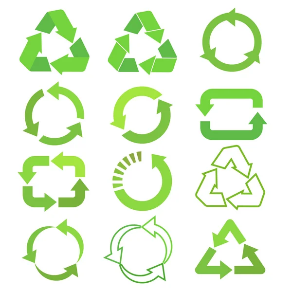 リサイクルされたエコベクトルアイコンセット、サイクルとフラの三角形の矢印 — ストックベクタ