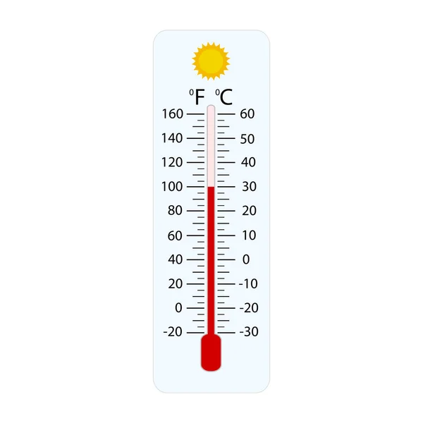 Termômetros de meteorologia Celsius e fahrenheit que medem quente ou —  Vetores de Stock