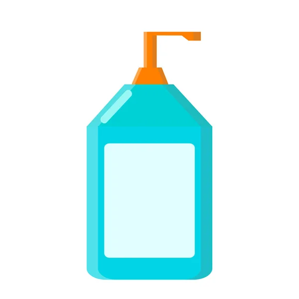 Botella azul con jabón líquido en estilo plano sobre blanco, stock vecto — Vector de stock