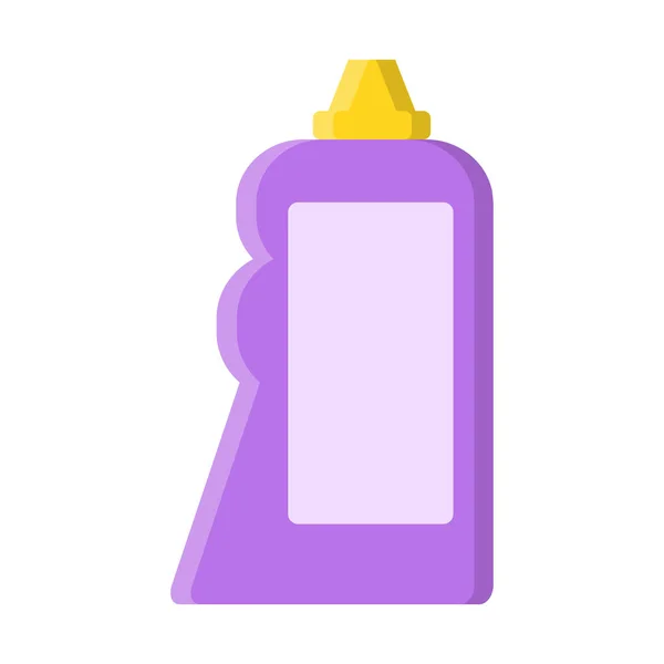 Botella púrpura con limpiador líquido en estilo plano sobre blanco, stock — Vector de stock