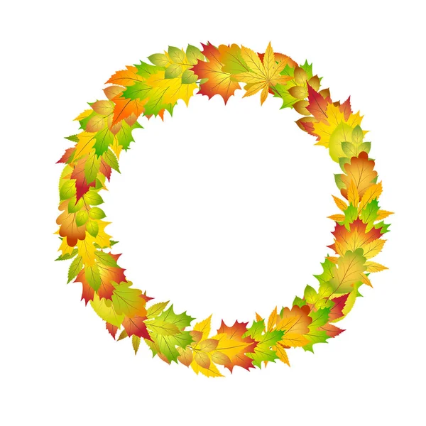 Marco de círculo de hojas de otoño de colores brillantes para el diseño en blanco , — Vector de stock