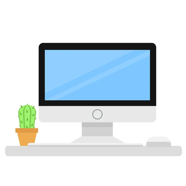 Moniteur d'ordinateur, clavier et souris sur table de bureau avec cactus — Image vectorielle