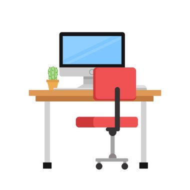 Bilgisayar monitörü ve beyaz masa ve sandalye üzerinde kaktüs, stok v