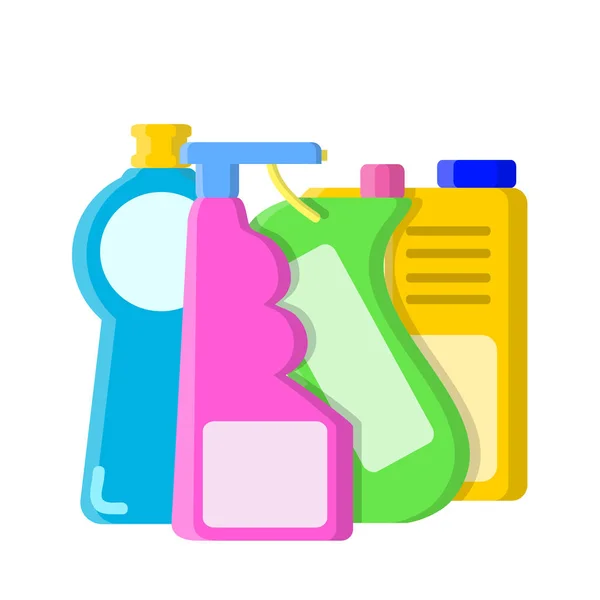 Colorea diferentes botellas con champú, jabón líquido y limpiador en — Vector de stock