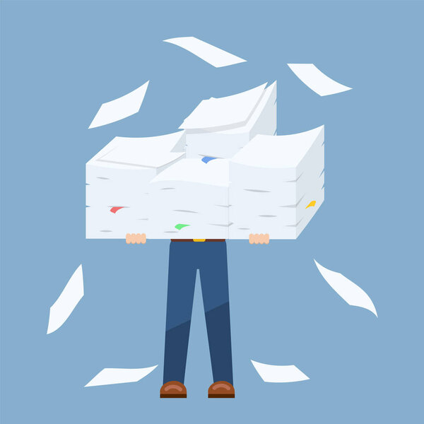 Empresario sosteniendo pila de documentos de papel, concepto de wo duro — Vector de stock