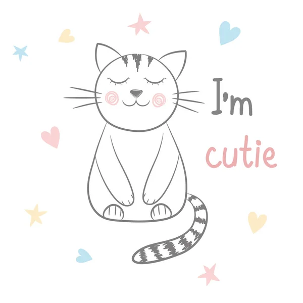 Dulce cutie gato mano dibujado en blanco, stock vector ilustración — Vector de stock