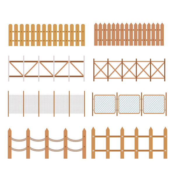 Set of rural wooden fences, pickets vector. White silhouettes fe