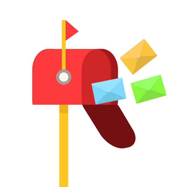 Червона поштова скринька з кольоровими конвертами, що літають на білому, фондовий вектор i — стоковий вектор