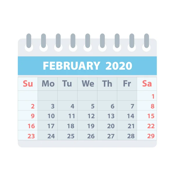 Κάλενταρ για 2020 Φεβρουαρίου σε επίπεδη στυλ για το σχεδιασμό σε λευκό, s — Διανυσματικό Αρχείο