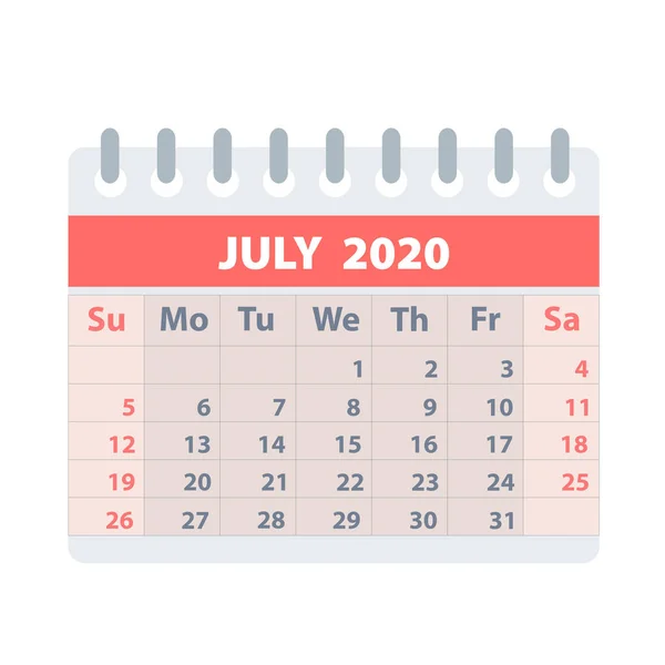 Callendar para julho 2020 em estilo plano para design em branco, estoque — Vetor de Stock