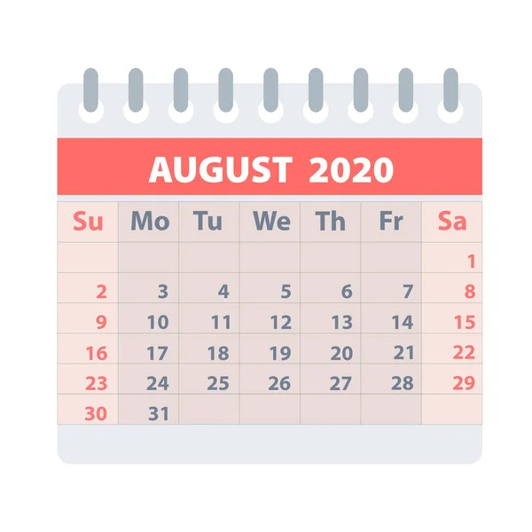 Callendar para agosto 2020 em estilo plano para o projeto no branco, sto —  Vetores de Stock