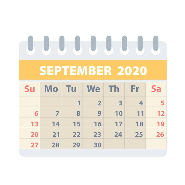 Callendar részére szeptember 2020-ban lakás stílus részére tervez-ra fehér, — Stock Vector