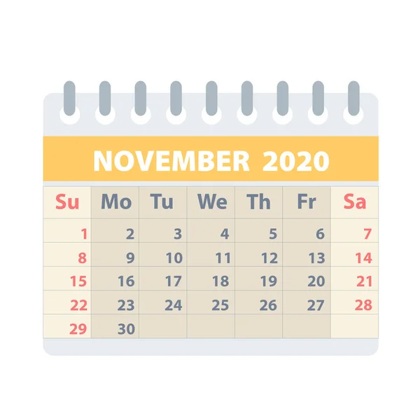 Callendar részére november 2020-ban lakás stílus részére tervez-ra fehér, s betű — Stock Vector