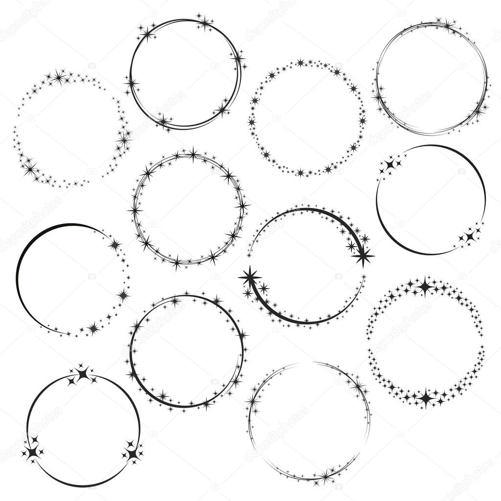Stardust frames. Shiny star circle frame, starry glitter stamp and round magic twinkle stars trace. Shine stardust swirl, shining glowing halo for party decor. Isolated vector symbols set