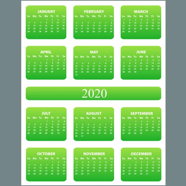 Calendrier 2020. Calendrier des planificateurs muraux, grille de début de semaine et année — Image vectorielle