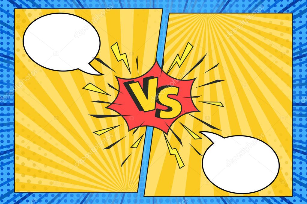 Versus comic frame. Vs comics book clash frames with cartoon text speech bubbles on halftone stripes background vector template. Comic magazine funny