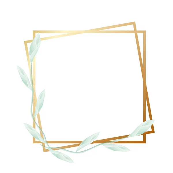 Зелена Акварельна Гілка Листям Золотою Геометричною Рамкою Дизайну Весільної Або — стоковий вектор