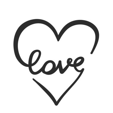 Dekoratif kalp şekli, beyaz, stok vektör illüstrasyonu üzerine tasarım elementi için çizilmiş klasik harflerle yazılmış aşk el yazısı. 