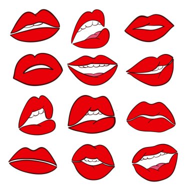 Çizgi film stili kırmızı seksi kadın dudakları. Tasarım için beyaz, stok vektör illüstrasyonu.