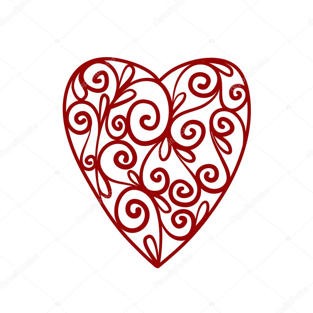 Decorative red heart shape with vintage ornament for design element on white, stock vector illustration 