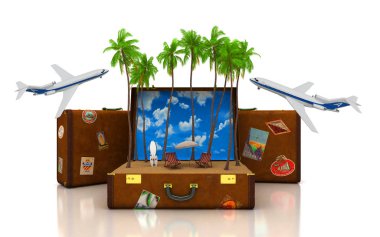 Dünya, yaz tatil tatil, hayatın boyunca bir bavulun içinde 3d çizim koymak