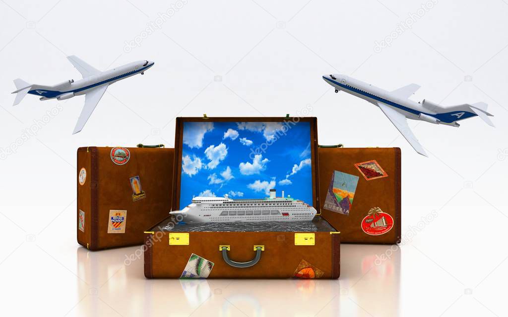 Vacation around the world, summer holidays, Put all your life in a suitcase, 3d illustration
