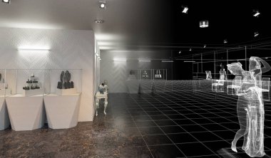 Büyük bir kuyumcu takı vitrinler, 3d çizim ile iç