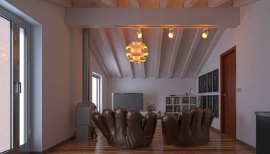 Attic studio apartment, ahşap tavan, 3d çizim ile mutfak