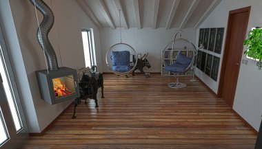 Attic studio apartment, ahşap tavan, 3d çizim ile mutfak