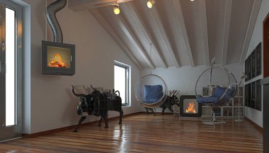 Attic studio apartment, ahşap tavan, 3d çizim ile mutfak