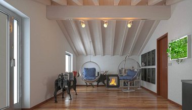 Attic studio apartment, ahşap tavan, 3d çizim ile mutfak