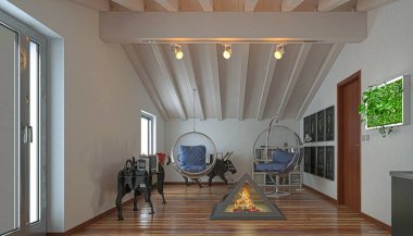 Attic studio apartment, ahşap tavan, 3d çizim ile mutfak