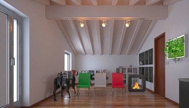 Attic studio apartment, ahşap tavan, 3d çizim ile mutfak