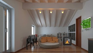 Attic studio apartment, ahşap tavan, 3d çizim ile mutfak