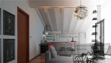 Attic studio apartment, ahşap tavan, 3d çizim ile mutfak