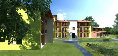 Proje için bir ülke yazlık Çeşme girişinde, 3d çizim ile zarif rustik çiftlik evi