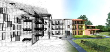 Proje için bir ülke yazlık Çeşme girişinde, 3d çizim ile zarif rustik çiftlik evi