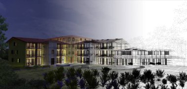 Proje için bir ülke yazlık Çeşme girişinde, 3d çizim ile zarif rustik çiftlik evi