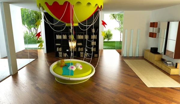 Ethnic interior, children\'s playroom with air balloon bed, 3d illustration