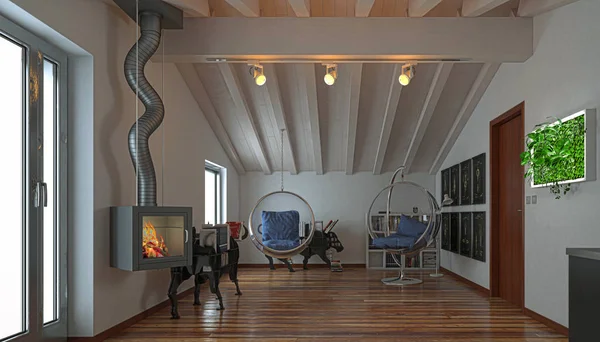 阁楼一室公寓 带木天花板的厨房 — 图库照片