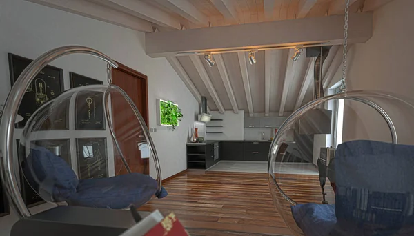 屋根裏部屋ワンルーム マンションで キッチンには木製の天井 イラストレーション — ストック写真