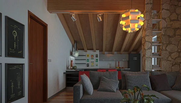 Attic Studio Apartment Ahşap Tavan Çizim Ile Mutfak — Stok fotoğraf