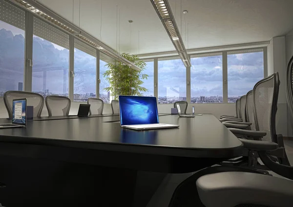 Empty Presidential Conference Room Big Black Glossy Table Laptop Illustration — Stok Foto