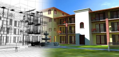 Proje için bir ülke yazlık Çeşme girişinde, 3d çizim ile zarif rustik çiftlik evi