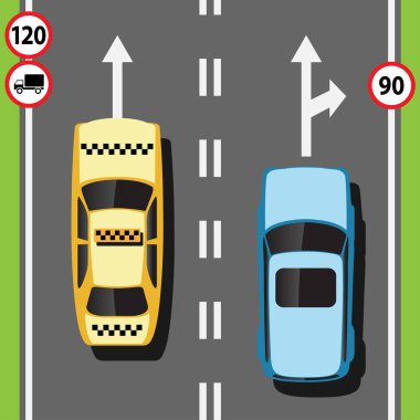 Sokak arabalar yolda. Otoyol ve araç konsepti, trafik hız. Vektör çizim.